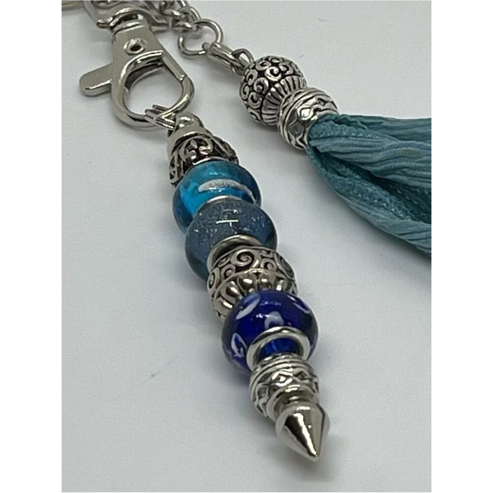Hand-Crafted Blue Silver Silk Tassel Beaded Purse Charm Keychain NWT